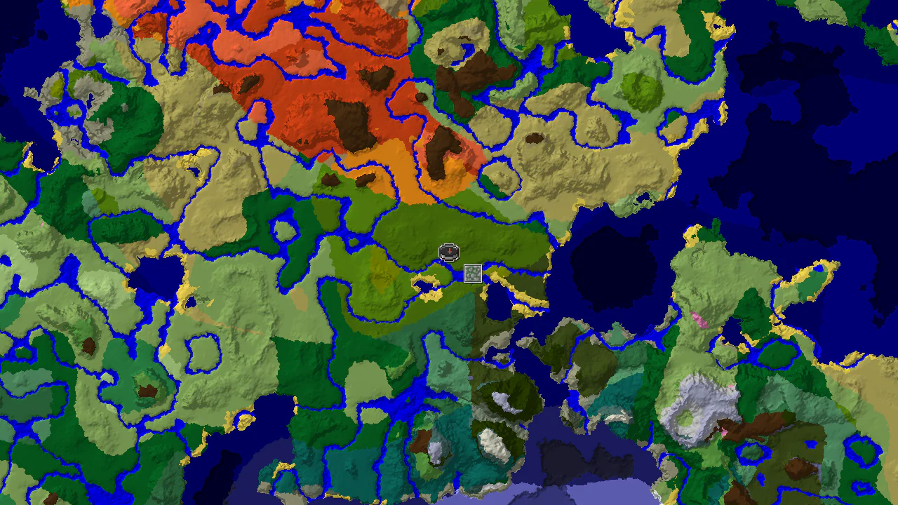 Top-down 2D biome map centred on the spawn marker in a jungle, with a jungle temple marker to the south-east and nearby villages and river patches shown in colour.