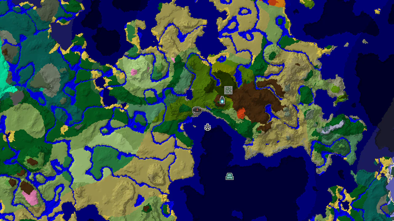 Top-down 2D biome map centred on the jungle spawn, with a spawn marker and markers for the shipwreck, Ancient City, Jungle Temple and Ocean Monument.