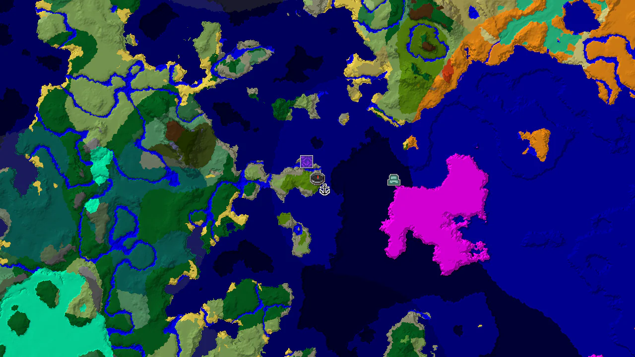 A top-down 2D biome map centered on spawn, showing a Sparse Jungle island surrounded by ocean, with markers for a shipwreck, ruined portal, and ocean monument.