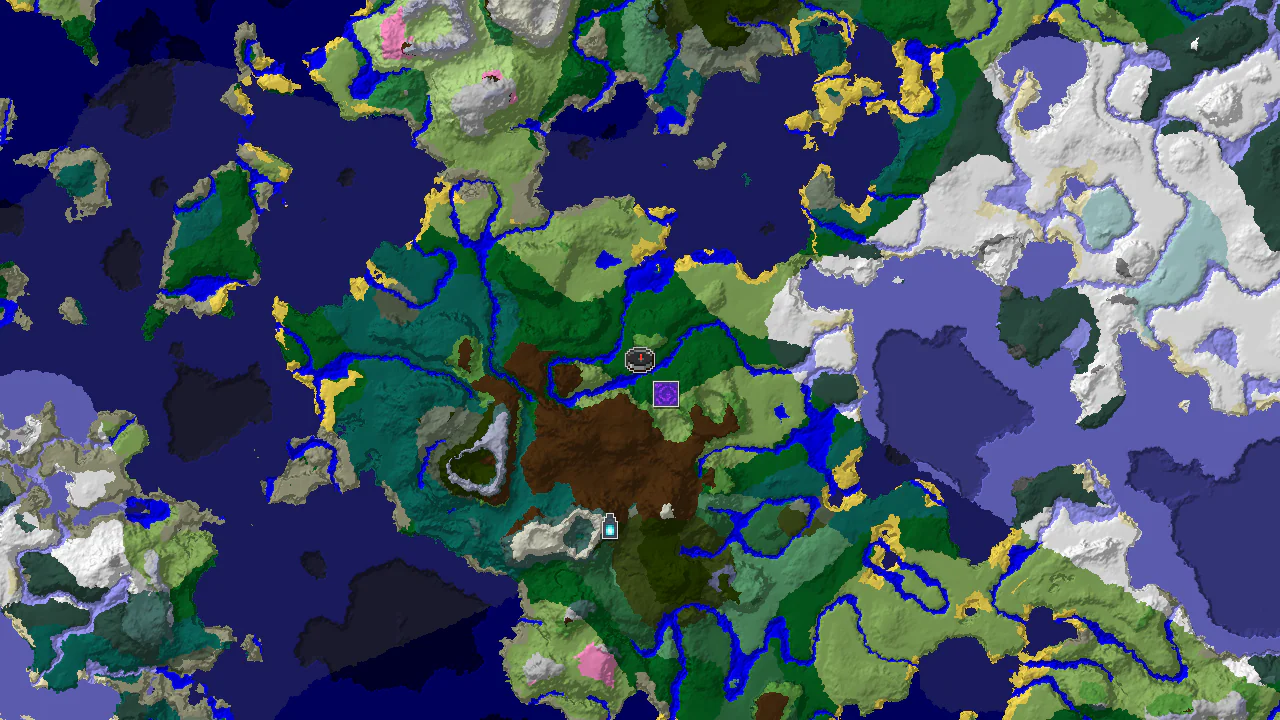 Top-down 2D biome map centred on the spawn marker in a forest valley, with markers for a ruined portal to the south-east, an Ancient City to the south and nearby villages.
