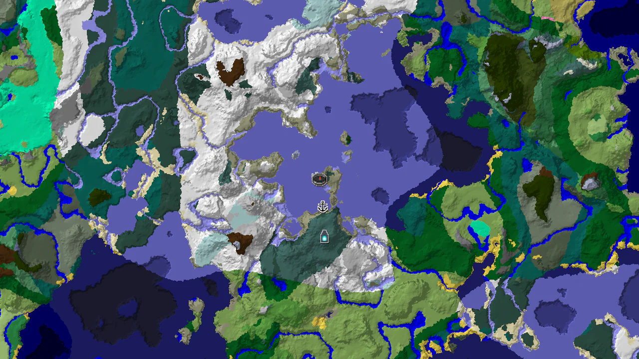 A 2D biome map centered on a snowy survival island, showing markers for a shipwreck and an Ancient City to the south.