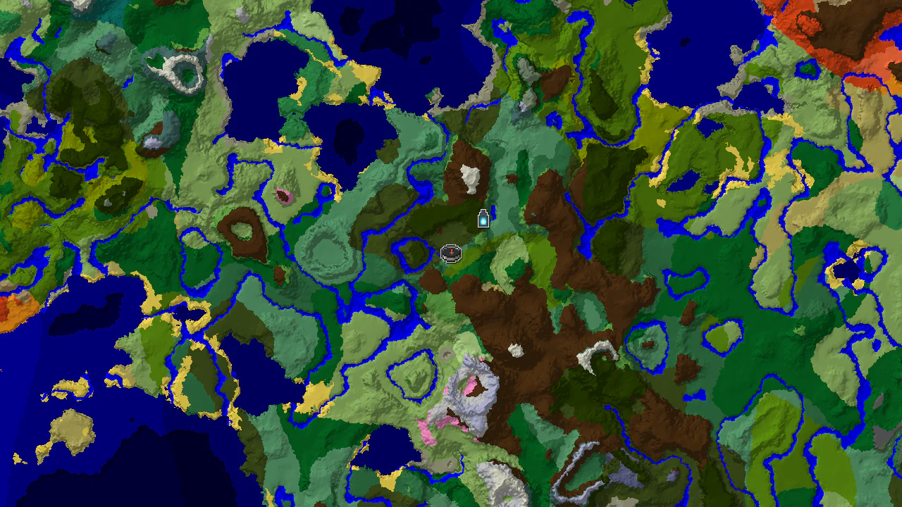 Top-down 2D biome map centred on the spawn marker, with structure markers for the Ancient City to the north-east and two villages further out.