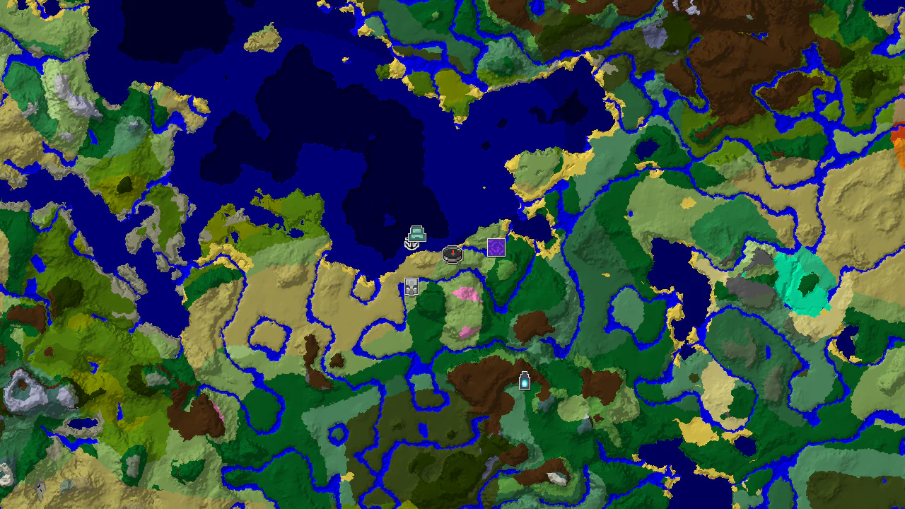 Top-down 2D biome map centred on the spawn marker in Plains, with structure markers for the monument, shipwreck, outpost, ruined portal and ancient city, and warm ocean and forest patches around it.