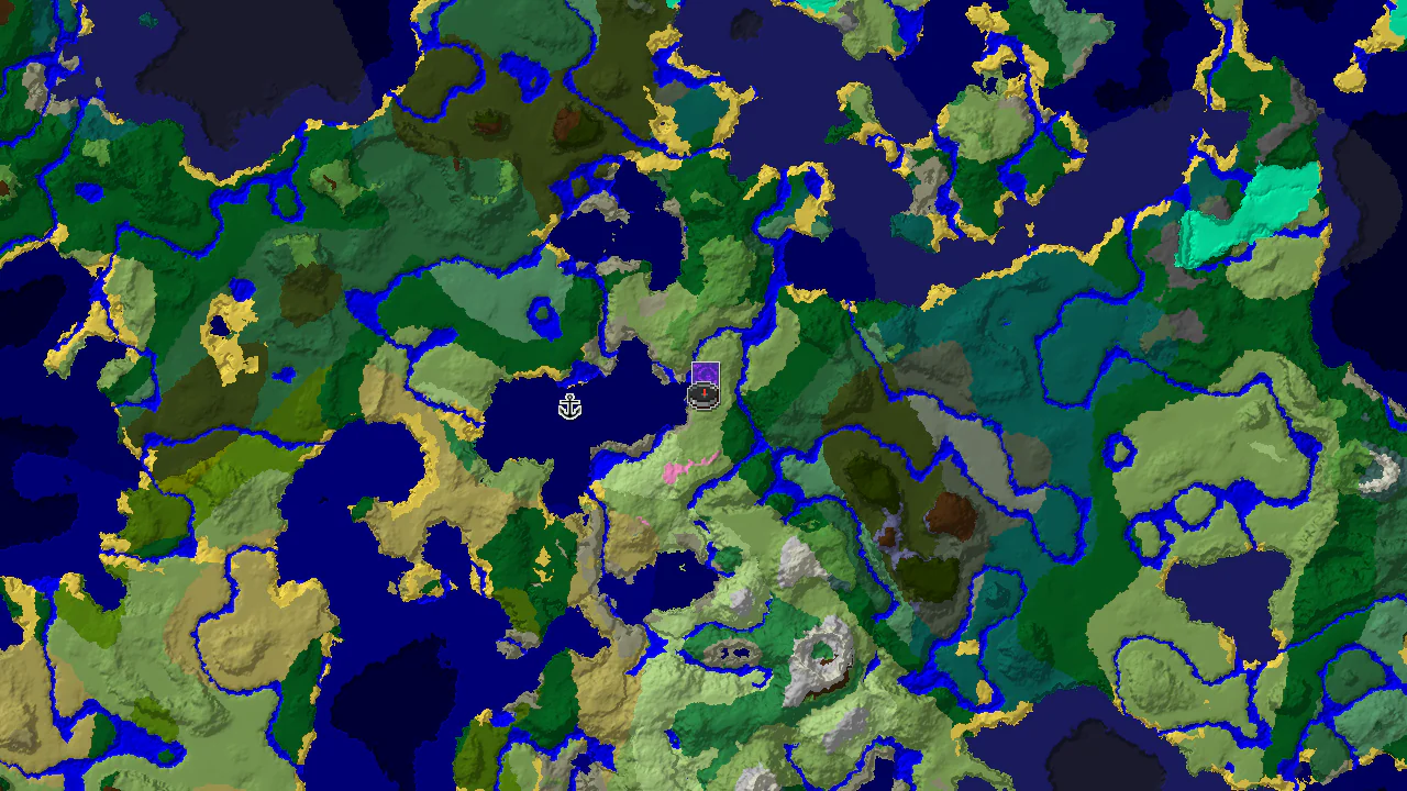 Top-down 2D biome map centred on the plains spawn, with a spawn marker, a ruined portal marker to the north and a shipwreck marker to the west.