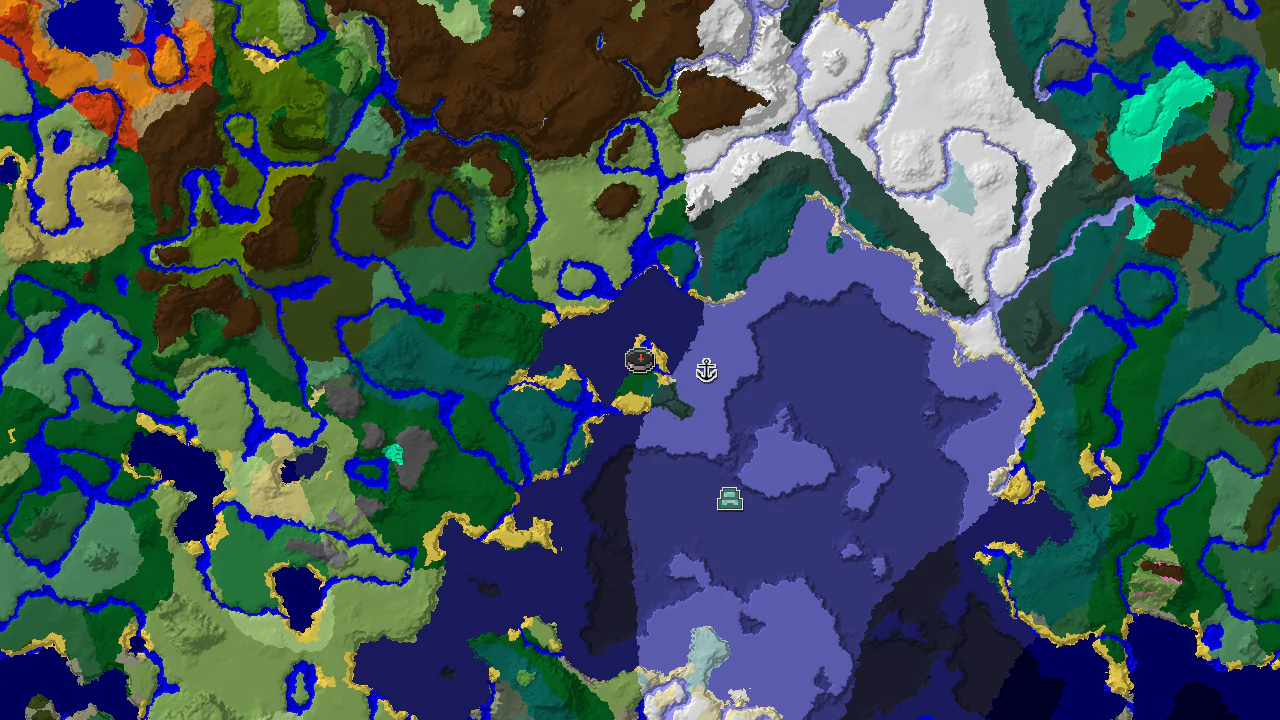 A top-down 2D biome map showing a central island surrounded by ocean, with markers for spawn, a shipwreck, and an ocean monument.